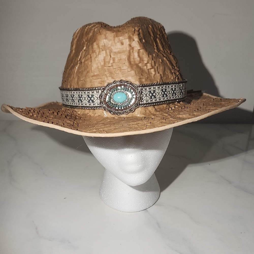 Stylish Brown Straw Hat with Turquoise Accent